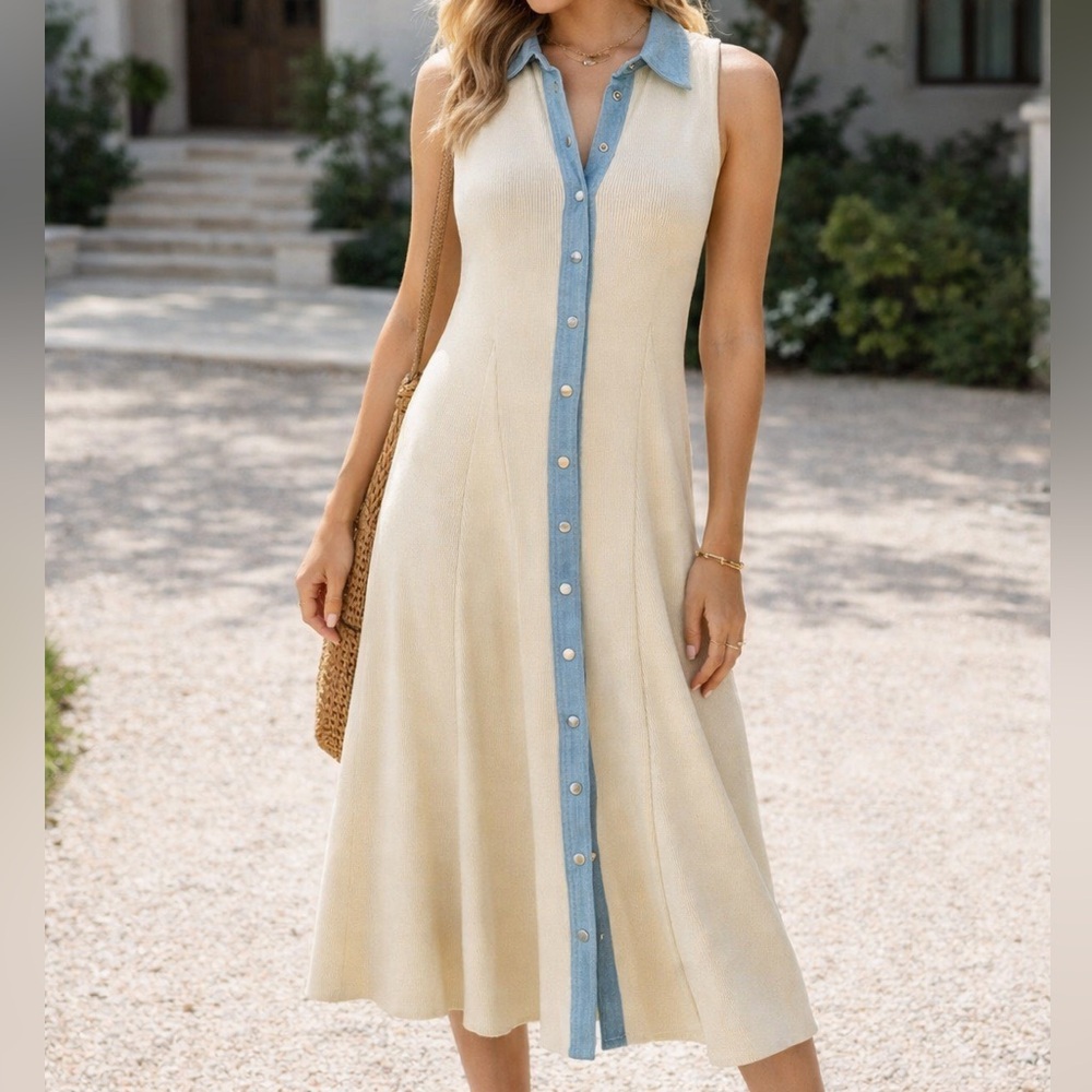 CeCe Cream and Denim Midi Dress Medium please read description